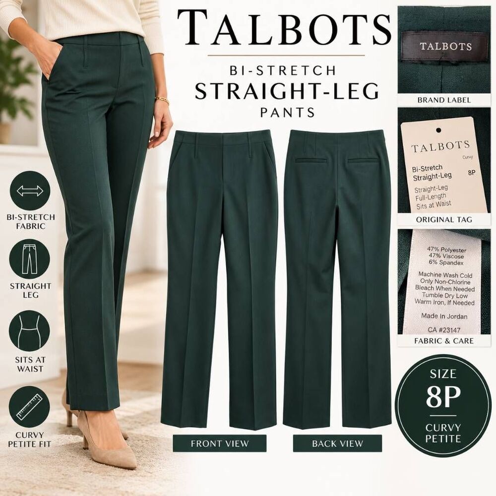 Talbots Womenās 8P Curvy Bi-Stretch Straight Leg Pants Dark Green NWT $89.50